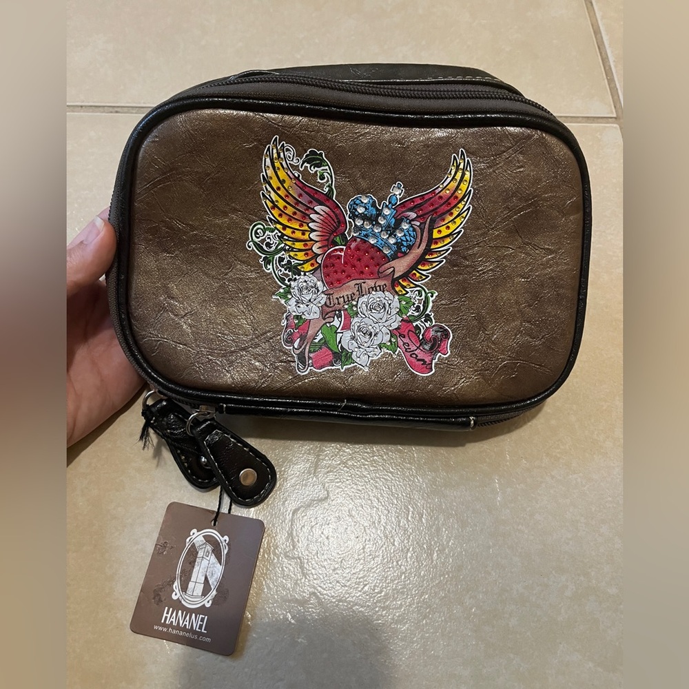 Hananel Brown Rhinestone Embellished Heart True Love Cosmetic Bag Purse